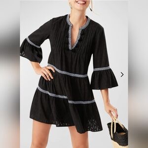 Tommy Bahama Black Embroidered Tassel V-neck Dress Womens Size XS Tunic Cotton